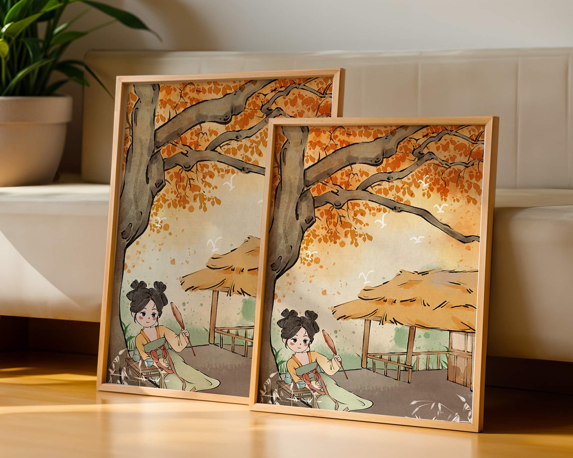 Escena de otoño con ilustración en estilo asiático tradicional