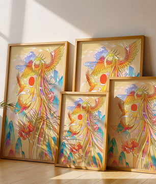 Colorful phoenix soaring in a dreamlike sky with vibrant flowers and mountains