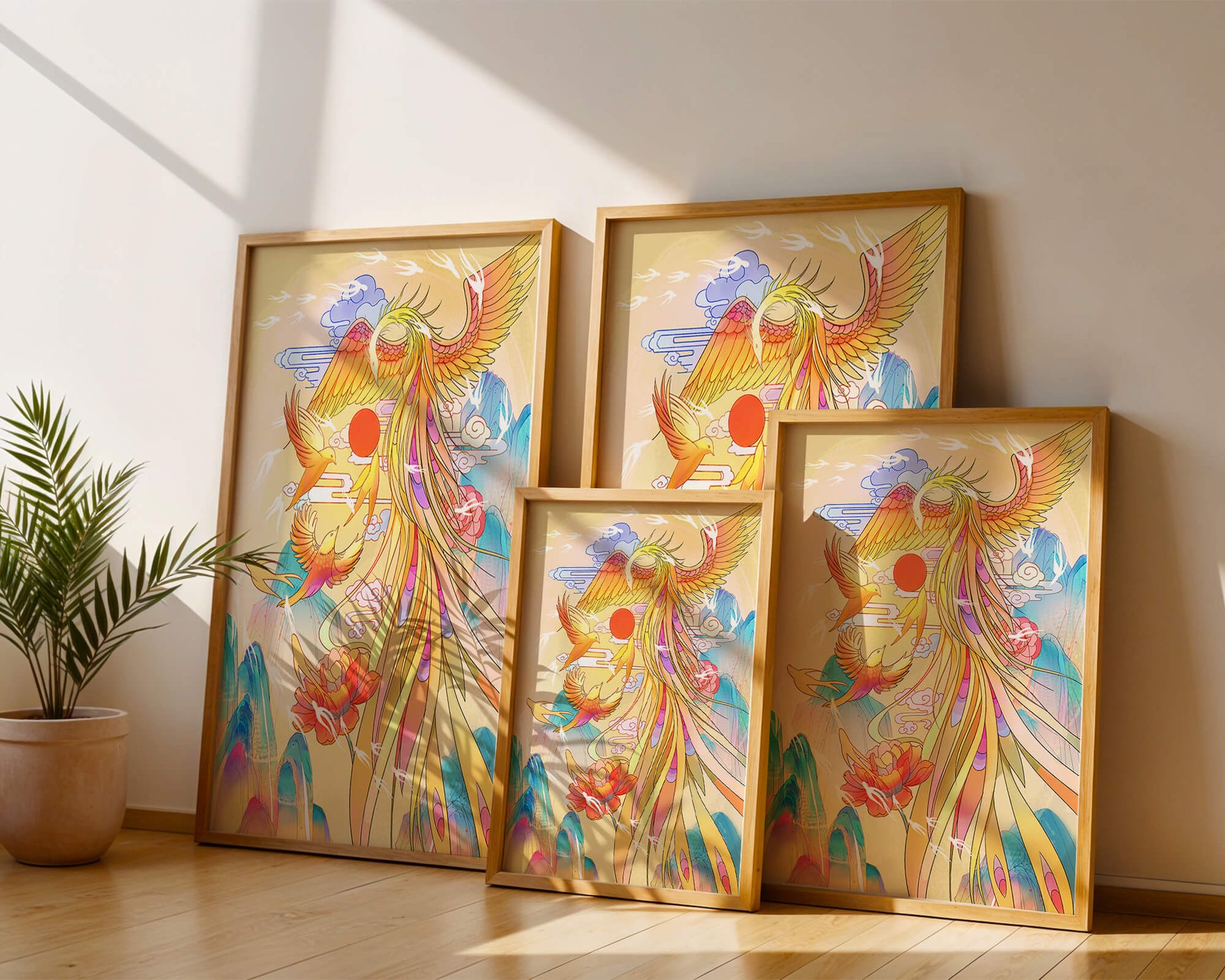 Colorful phoenix soaring in a dreamlike sky with vibrant flowers and mountains