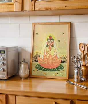 Heitere Illustration einer meditativen Figur auf einem Lotus mit himmlischem Hintergrund
