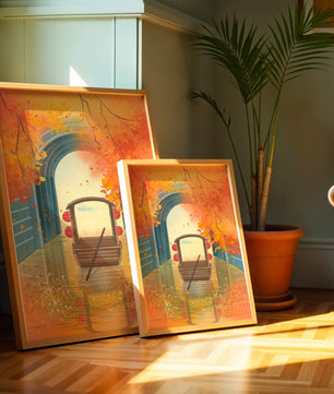 Serene autumn scene with archway and wooden boat