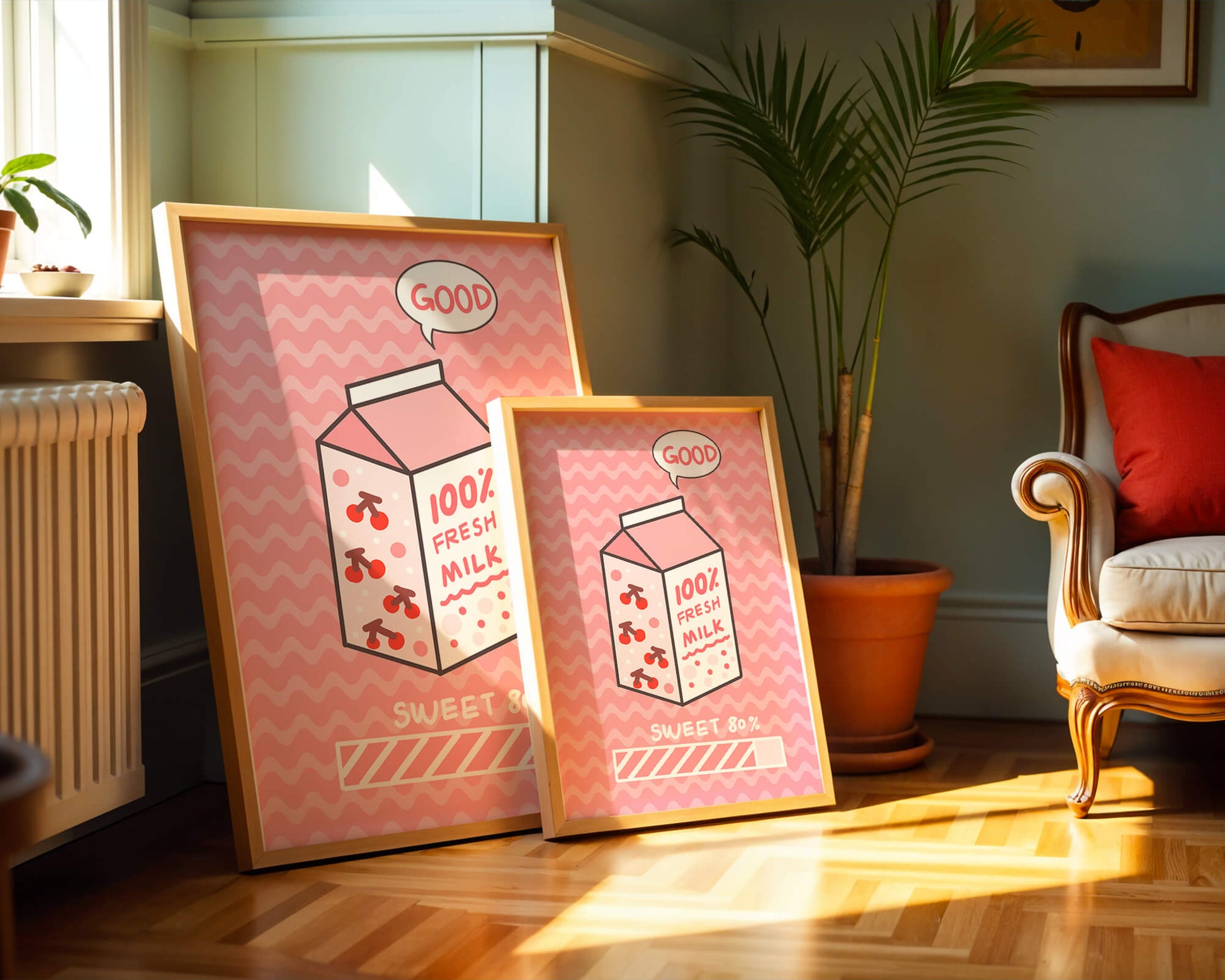 Playful illustration of milk carton with cherry design on pink background
