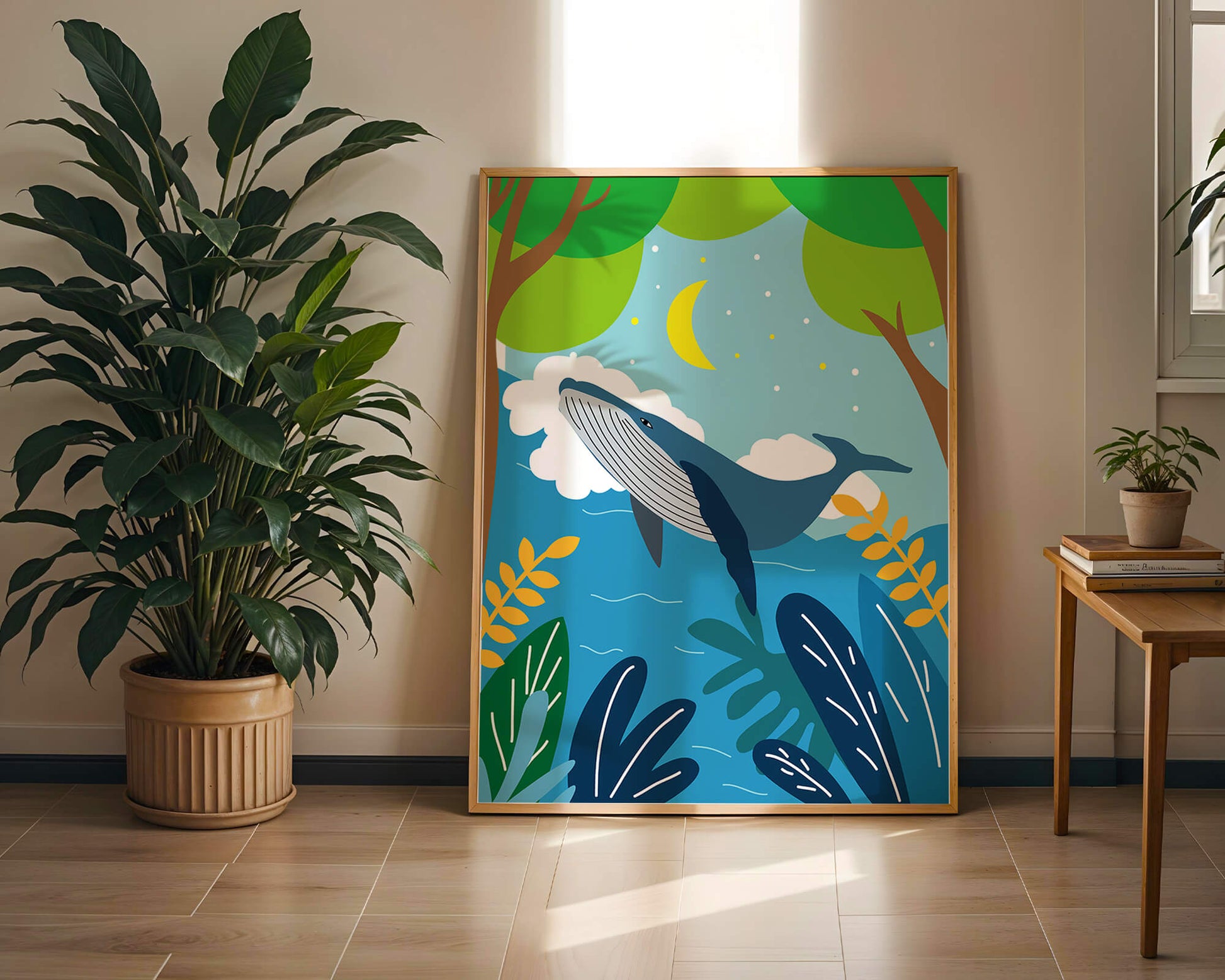 Illustration of a whale in a colorful forest scene with moon and plants