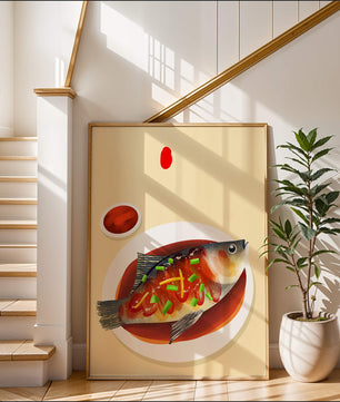 Illustration of a colorful fish dish with garnish
