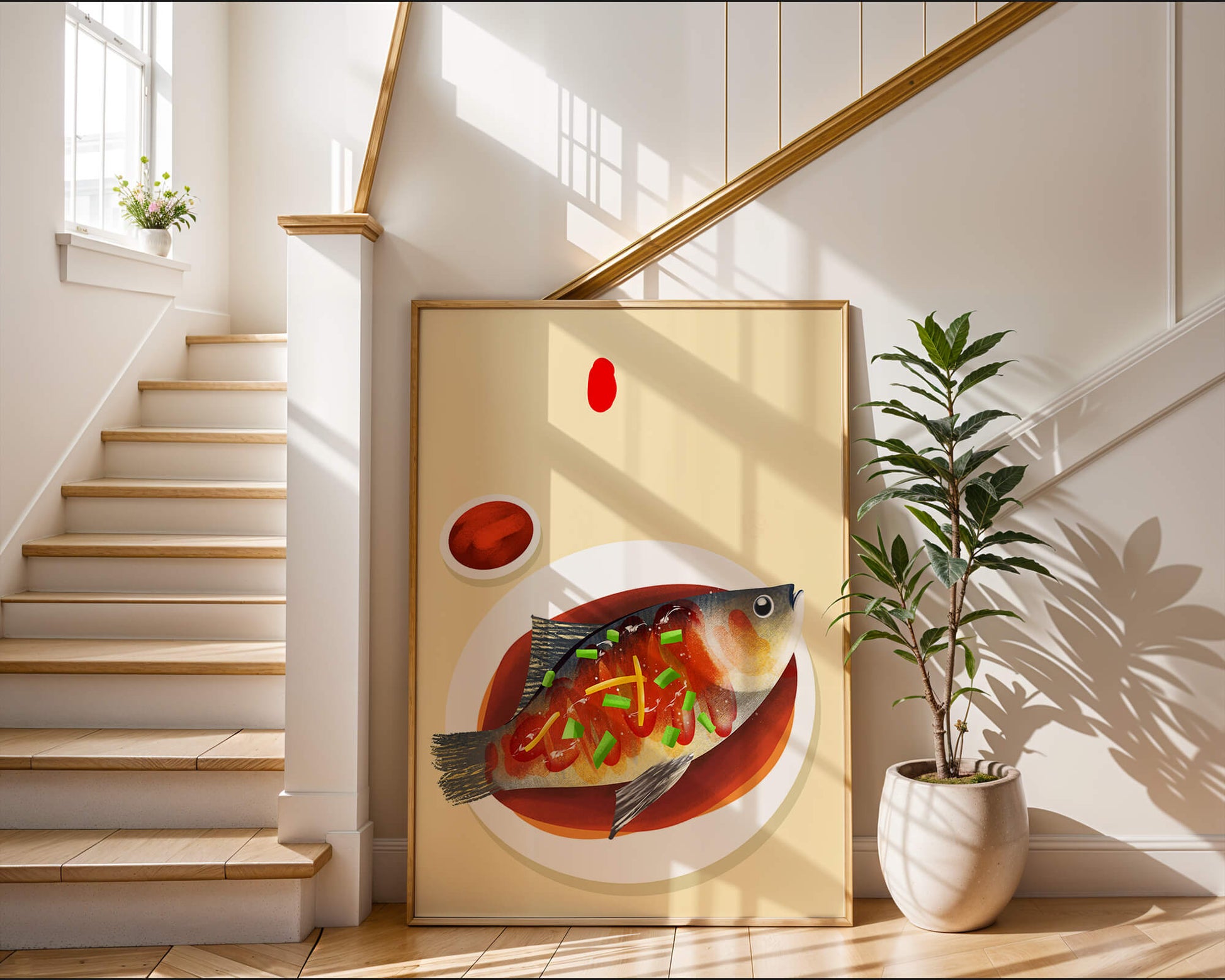 Illustration of a colorful fish dish with garnish