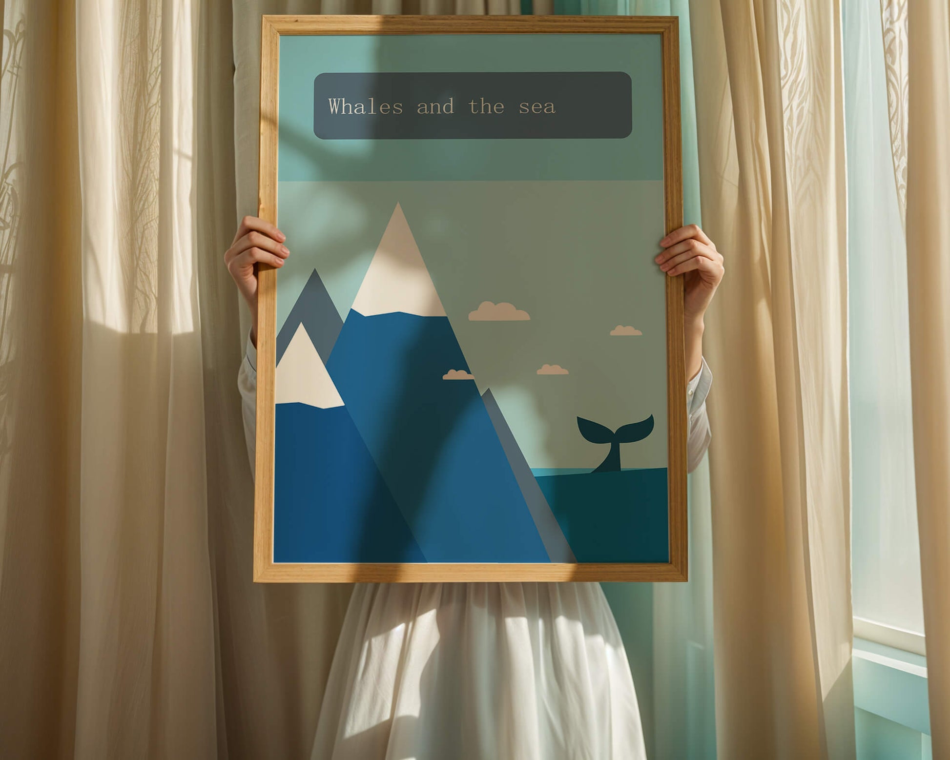 Whale and mountain illustration with sea and sky background