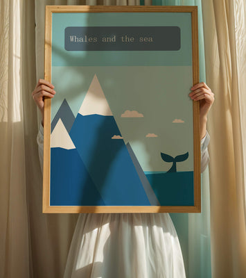 Whale and mountain illustration with sea and sky background