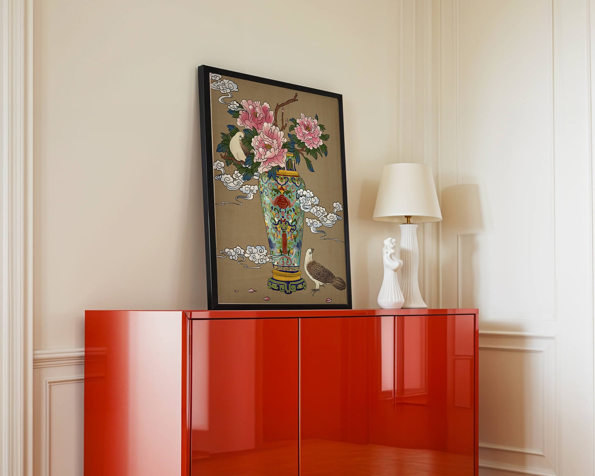 Elegant Asian Style Vase with Peonies and Birds