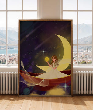Enchanted night scene with a fairy on a crescent moon