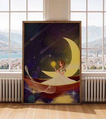 Enchanted night scene with a fairy on a crescent moon