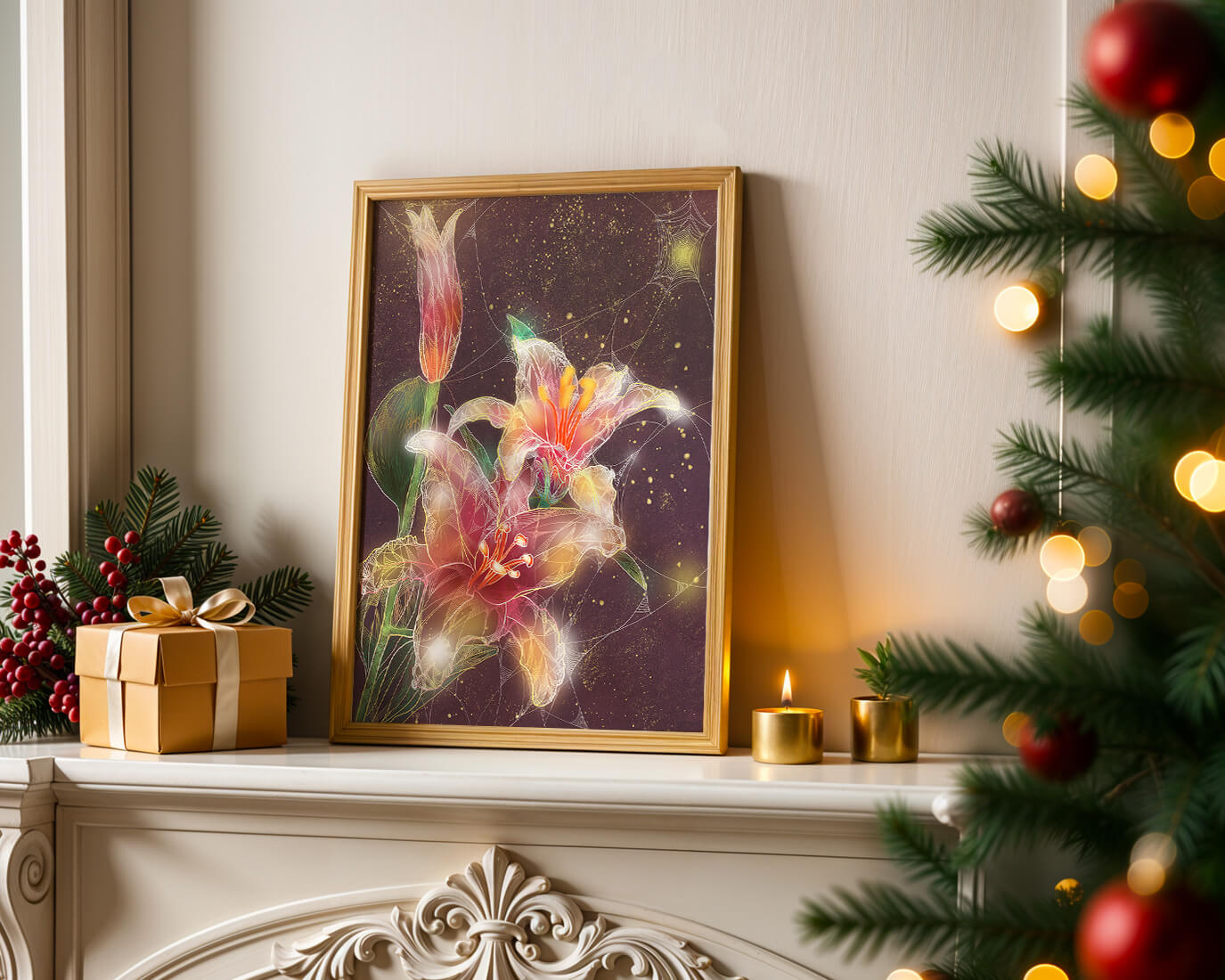 Elegant Floral Composition with Intricate Details and Golden Accents