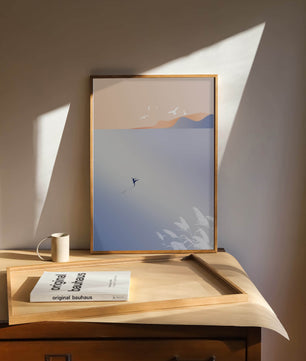 Serene Seaside with Dancer and Birds in Pastel Colors