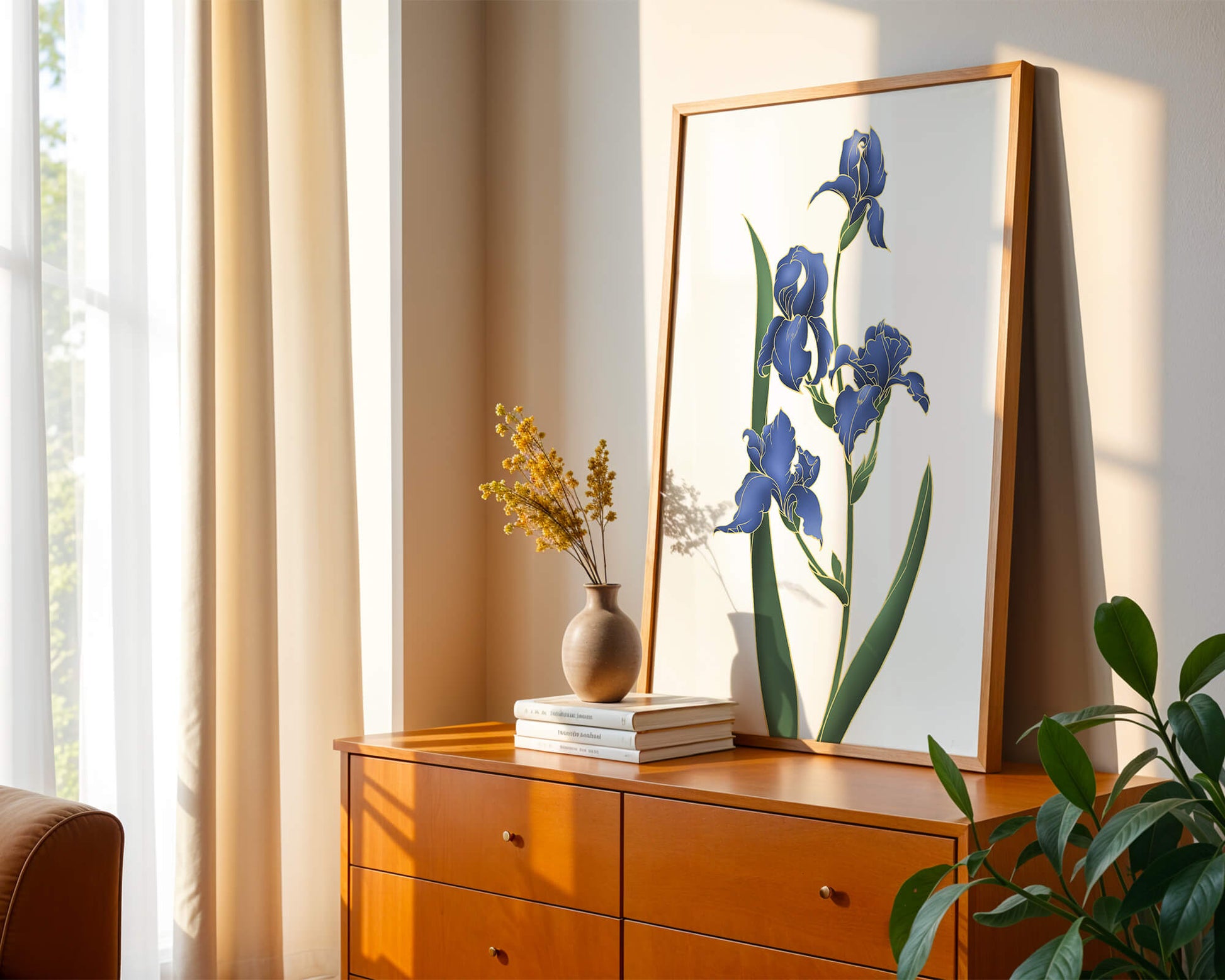 Flores de lirio azul elegantes con acentos dorados sobre un fondo blanco
