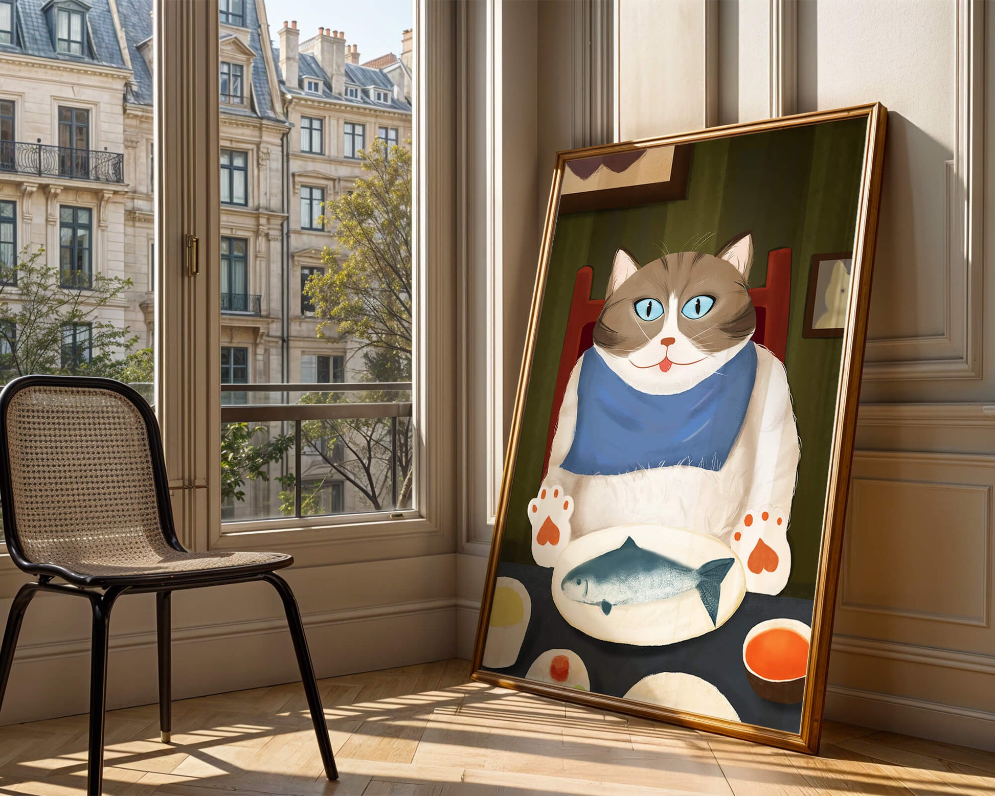 Ilustración de un gato comiendo con pescado y babero azul