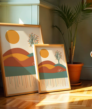 Abstract landscape with bicycle and tree in vibrant colors