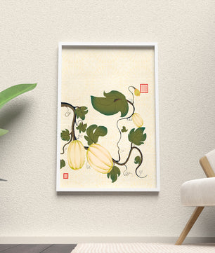 Illustration botanique élégante de melons et de vignes sur un fond texturé