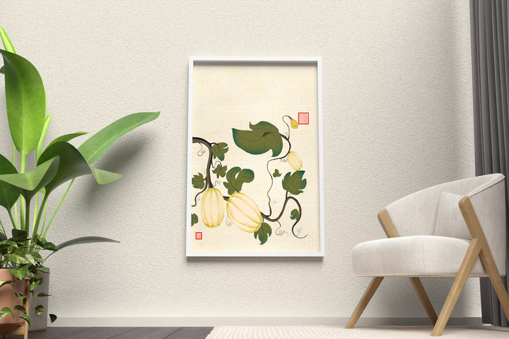 Illustration botanique élégante de melons et de vignes sur un fond texturé