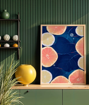Frutas cítricas coloridas sobre fondo oscuro de hojas