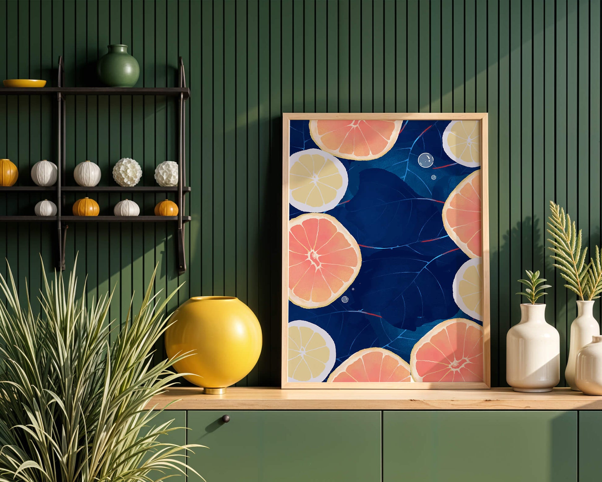 Frutas cítricas coloridas sobre fondo oscuro de hojas