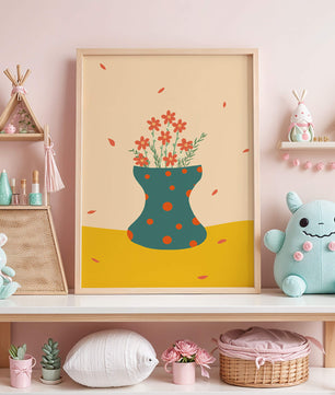 Floral Illustration with Polka Dot Vase on Colorful Background - Mi tienda