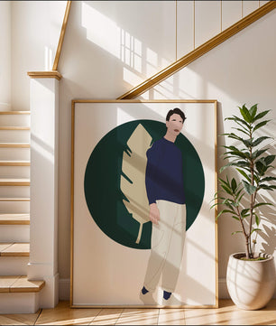 Illustration of a man standing with abstract leaf background