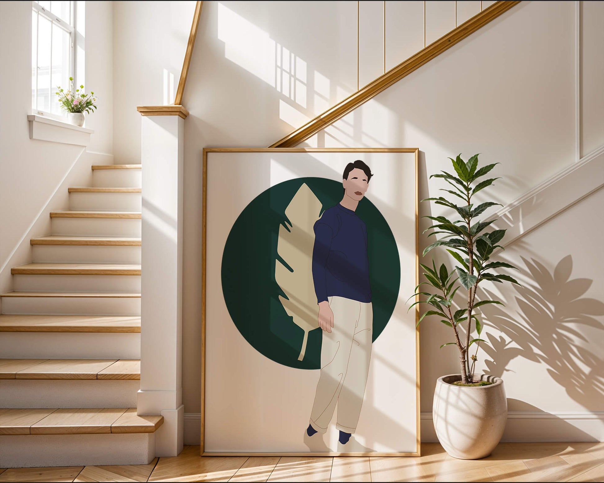 Illustration of a man standing with abstract leaf background