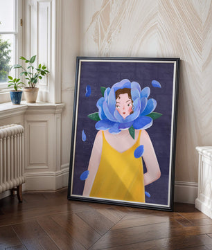 Illustration of woman with blue flower head and yellow dress
