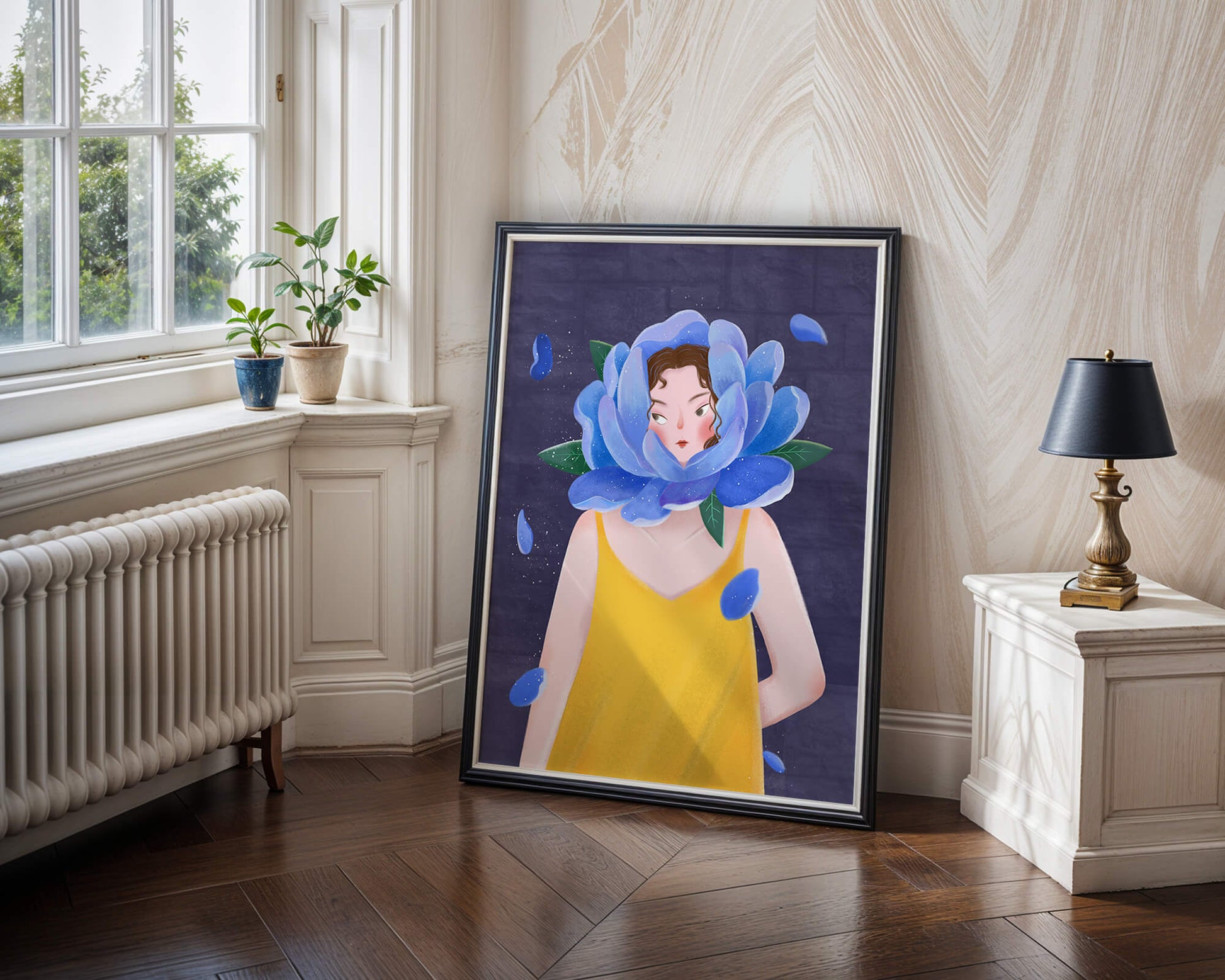Illustration of woman with blue flower head and yellow dress