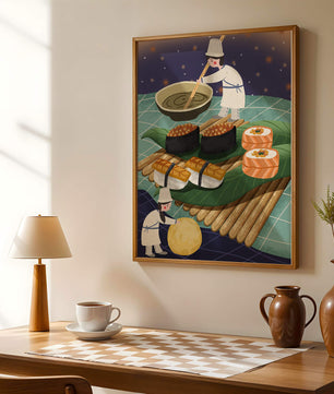 Ilustración juguetona de chefs preparando sushi en un paisaje imaginario