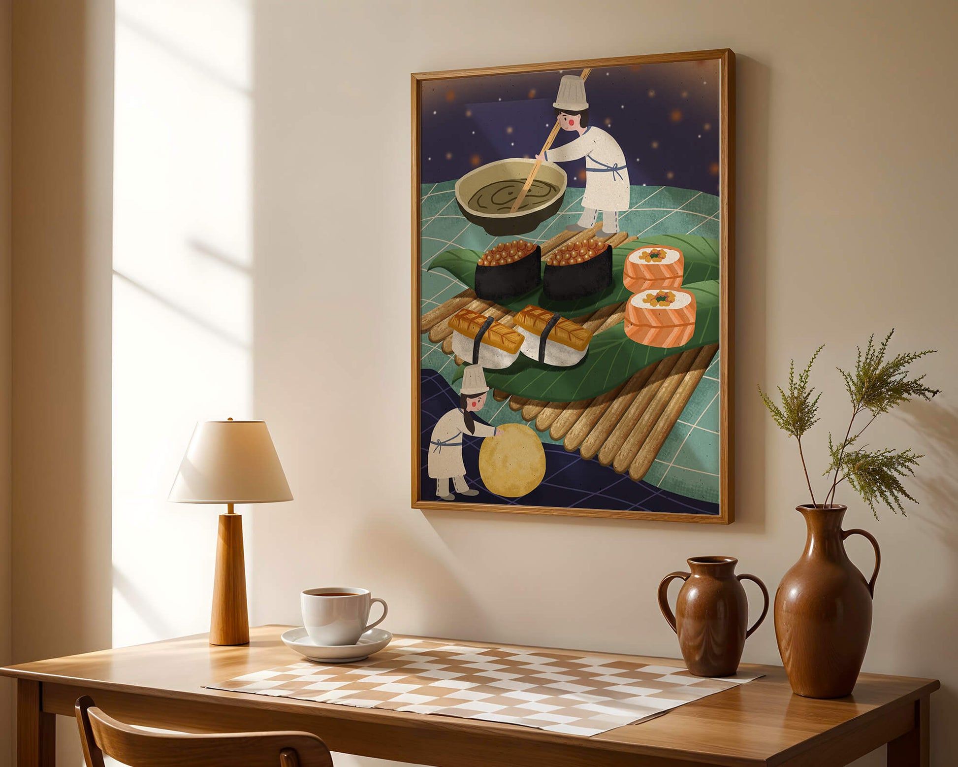 Ilustración juguetona de chefs preparando sushi en un paisaje imaginario