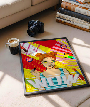 Ilustración de arte pop vibrante con una niña sonriente con maquillaje colorido y patrones audaces