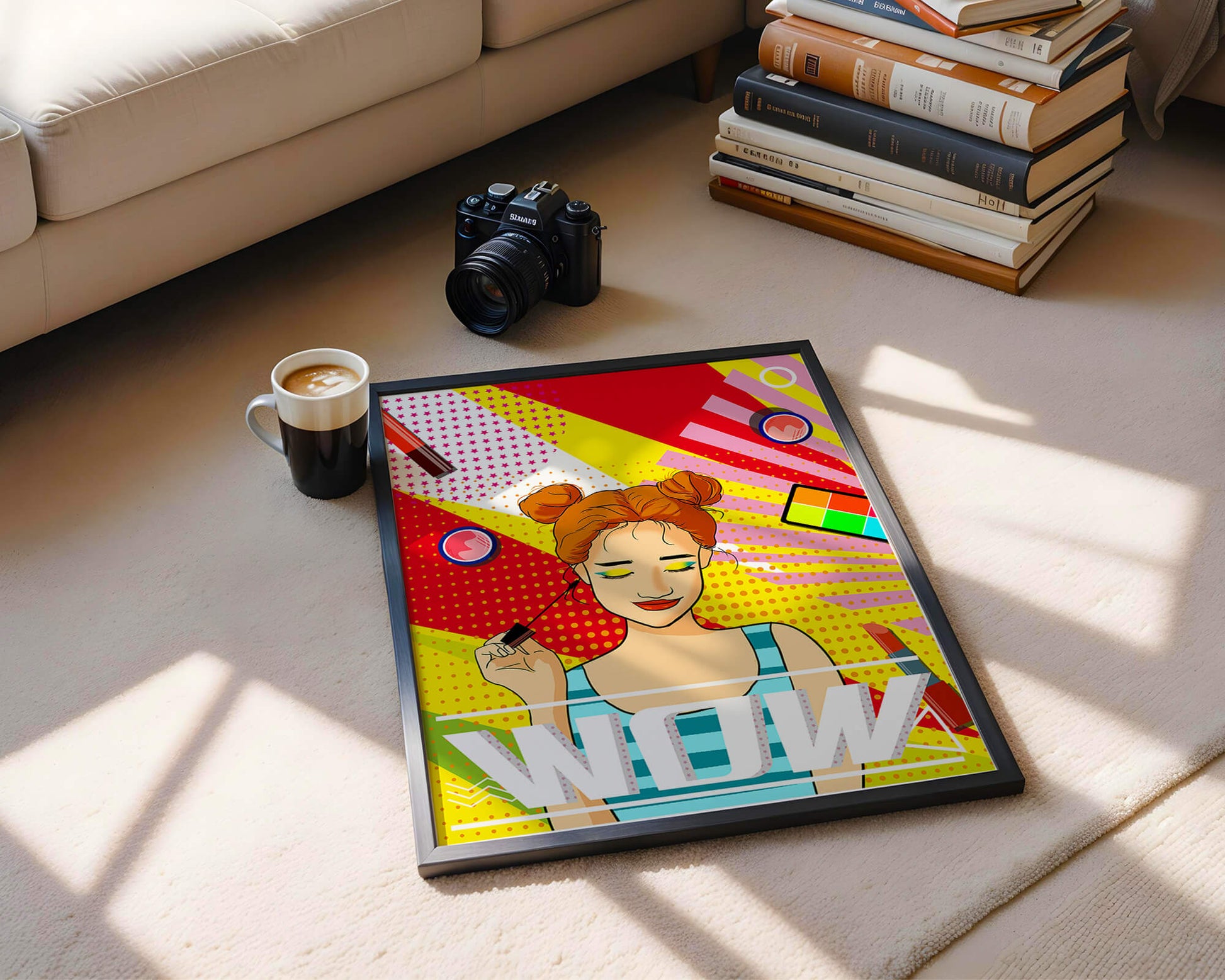 Ilustración de arte pop vibrante con una niña sonriente con maquillaje colorido y patrones audaces