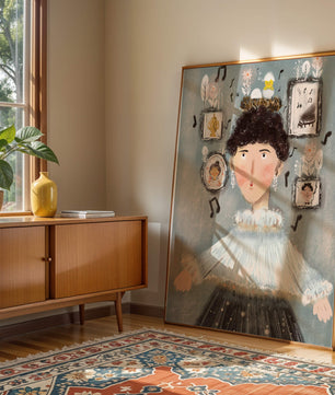 Retrato ilustrado caprichoso con elementos musicales y dorados