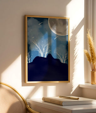 Paysage nocturne d'hiver avec arbres nus et pleine lune