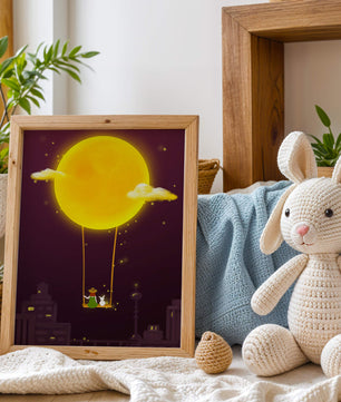 Whimsical night scene with a girl and a rabbit on a swing beneath a glowing moon
