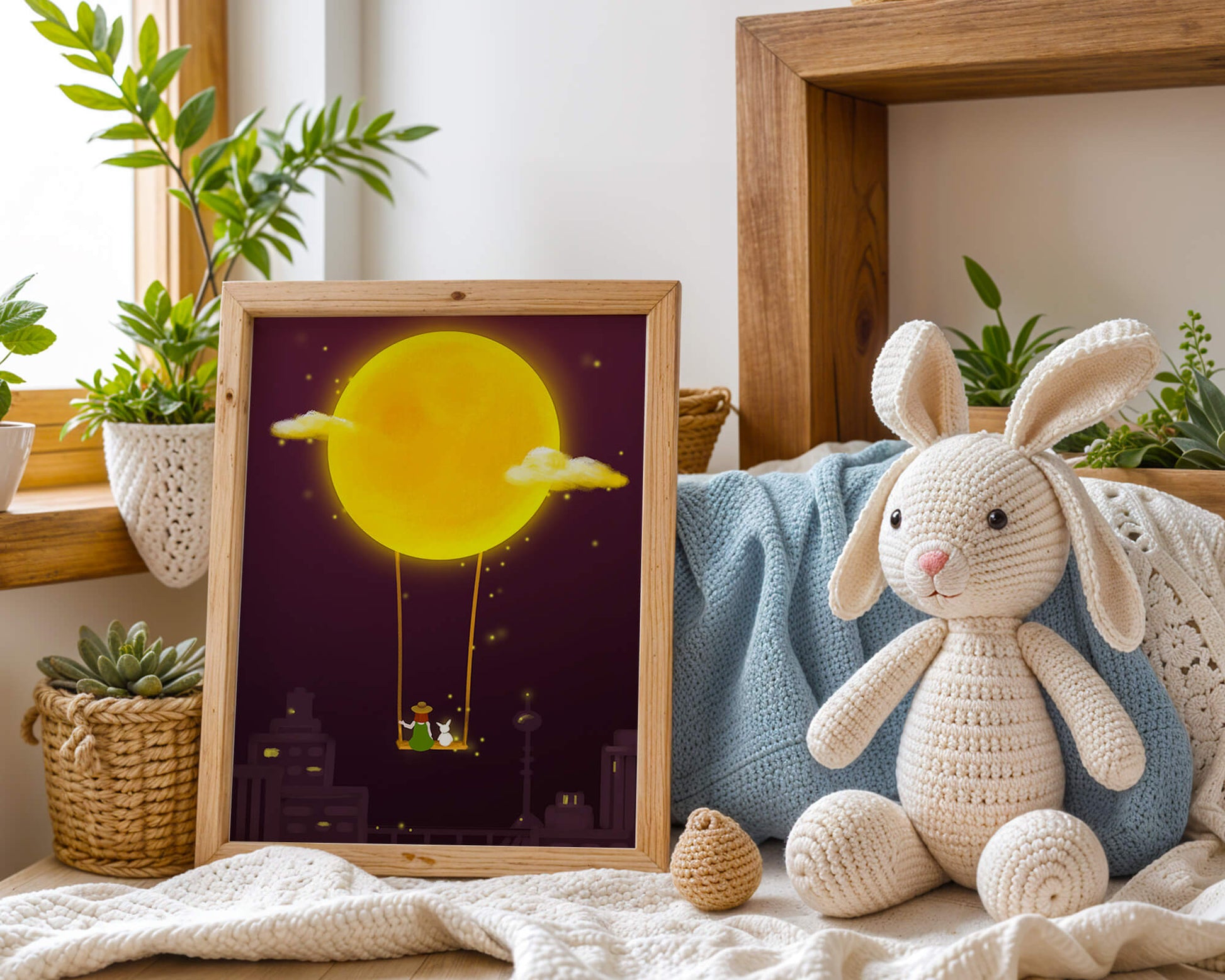 Whimsical night scene with a girl and a rabbit on a swing beneath a glowing moon