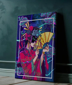 Geisha con traje futurista, elementos de neón y abanico