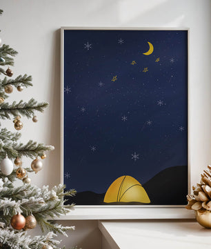 Camping Under Night Sky with Stars and Crescent Moon