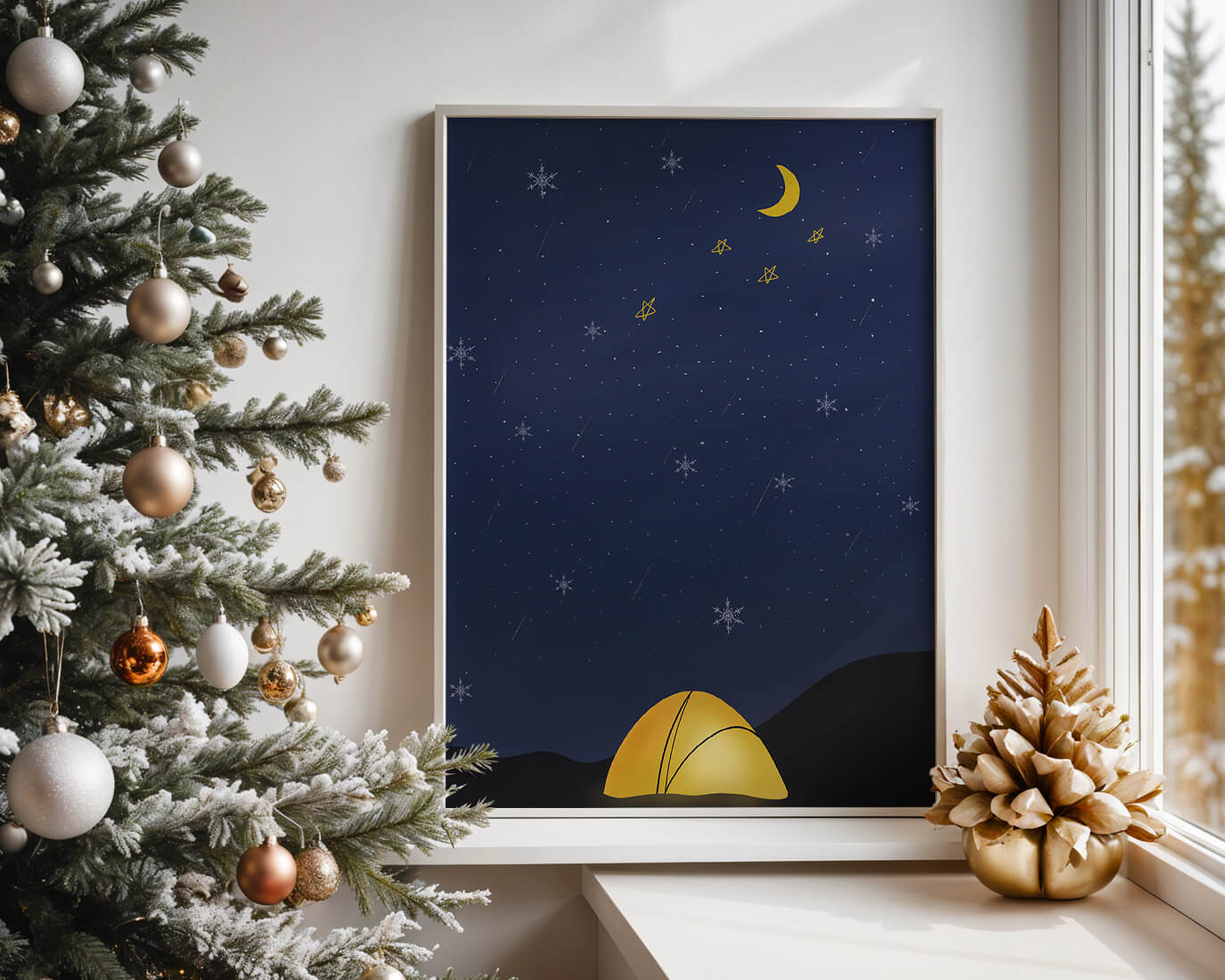 Camping Under Night Sky with Stars and Crescent Moon