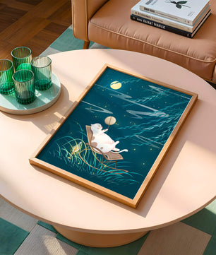 Adorable ilustración de un gato relajándose en un jardín iluminado por la luna con linterna