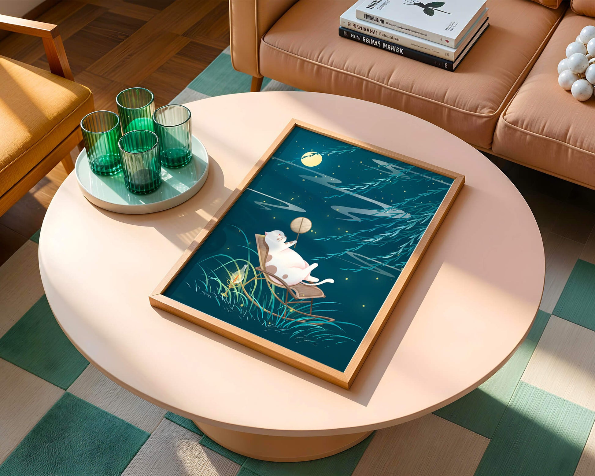 Adorable ilustración de un gato relajándose en un jardín iluminado por la luna con linterna
