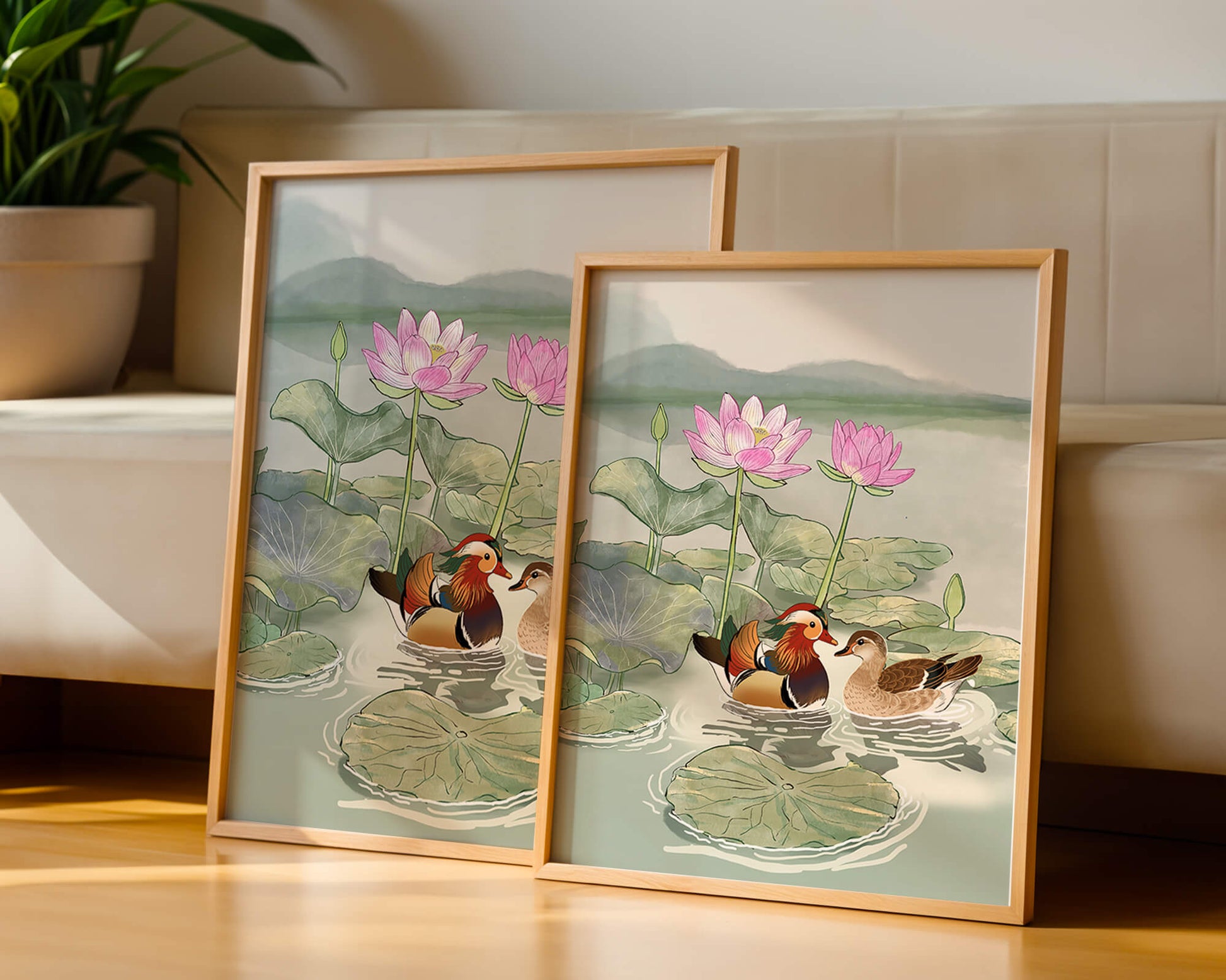 Patos mandarines y flores de loto en un estanque tranquilo