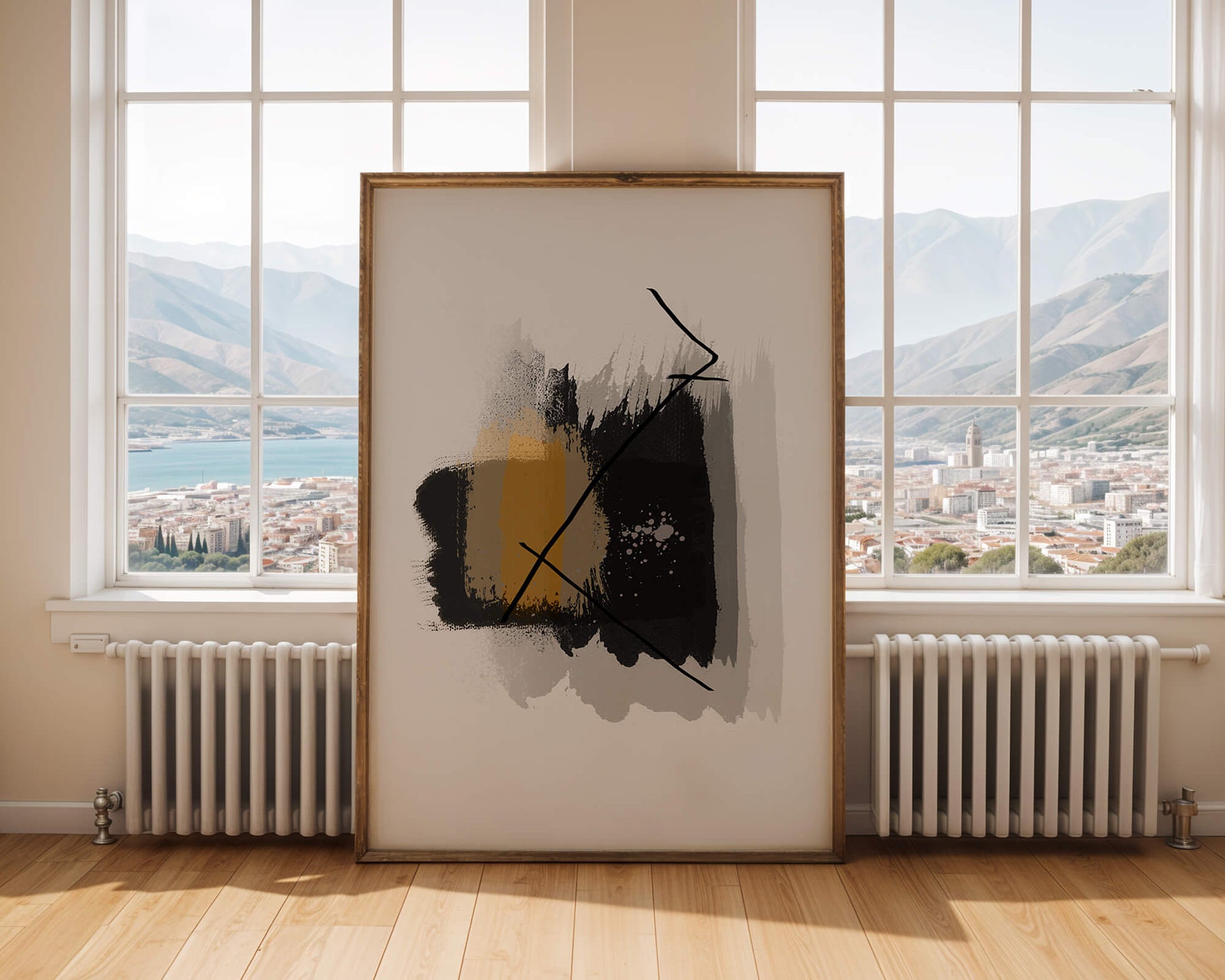 Abstract modern art with golden and black brush strokes