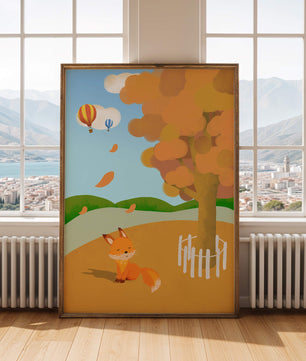 Herbstszene mit einem süßen Fuchs, Heißluftballons und einem bunten Baum
