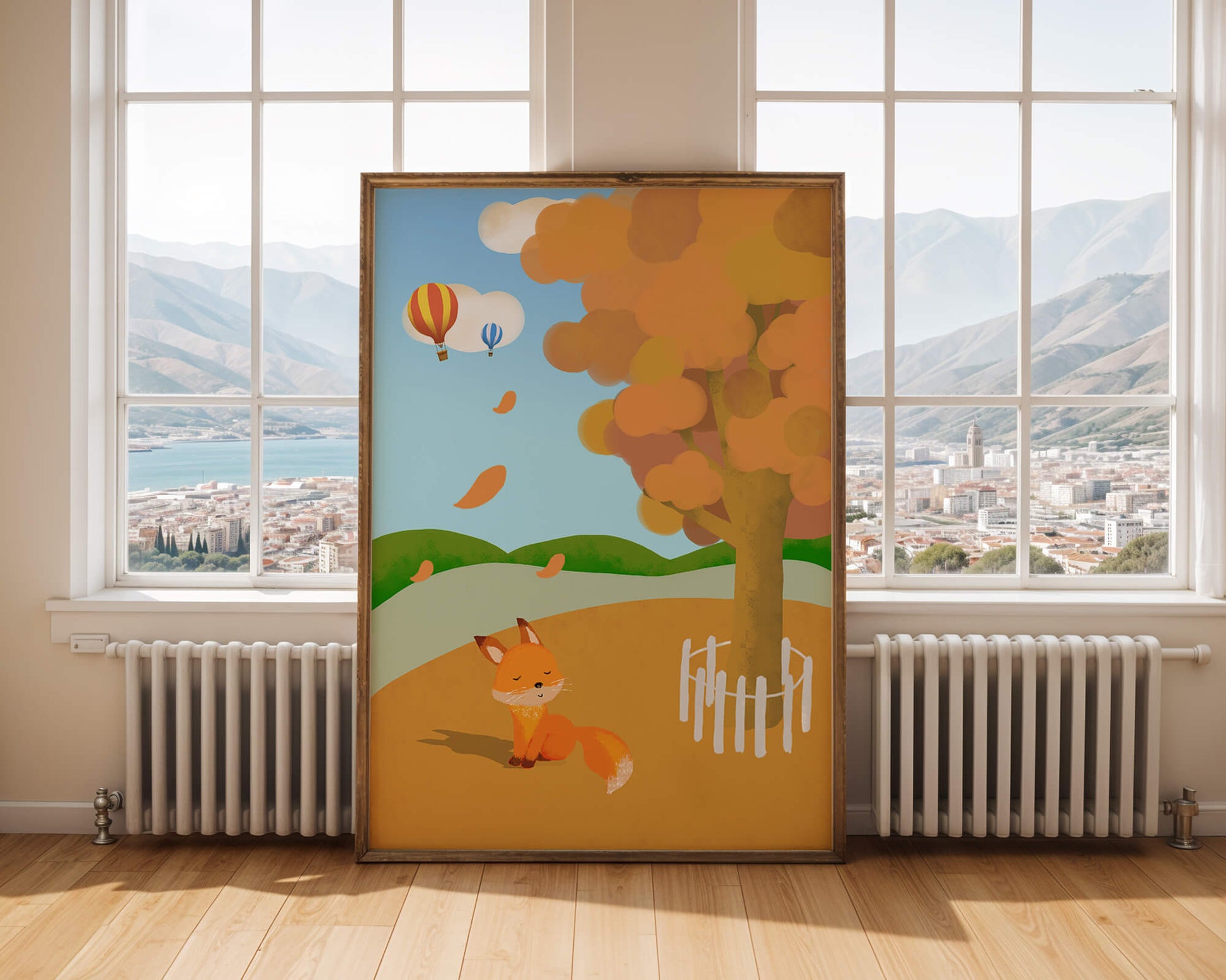 Herbstszene mit einem süßen Fuchs, Heißluftballons und einem bunten Baum
