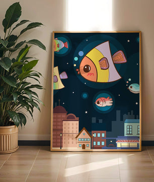 Poisson de dessin animé flottant au-dessus d'une ville nocturne avec des étoiles