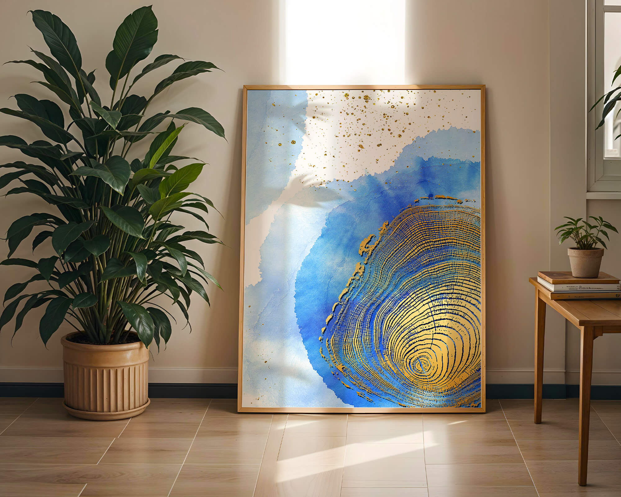Abstract Watercolor Art with Gold Accents and Circular Pattern Design - Mi tienda