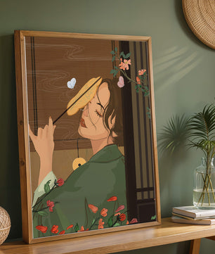 Serene woman with fan surrounded by flowers