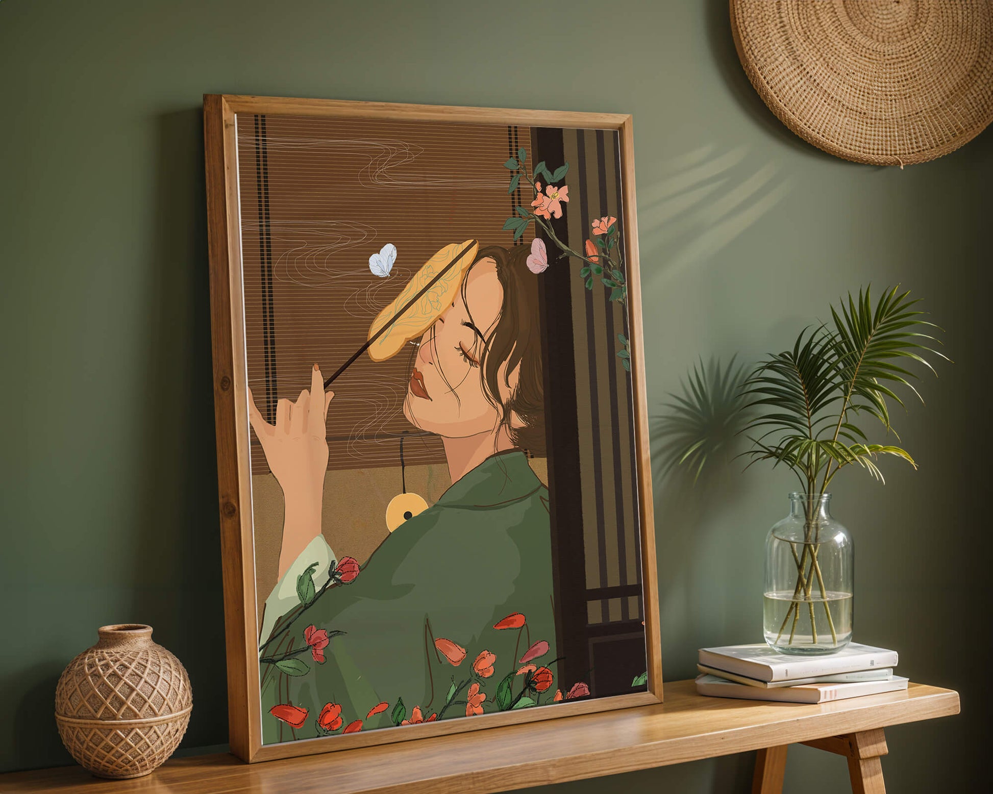 Serene woman with fan surrounded by flowers