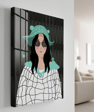 Illustration of a woman in a colorful hat and sunglasses